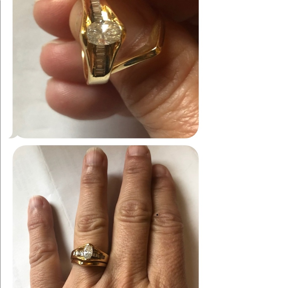 Engagement ring and band with marquis diamond and baguettes